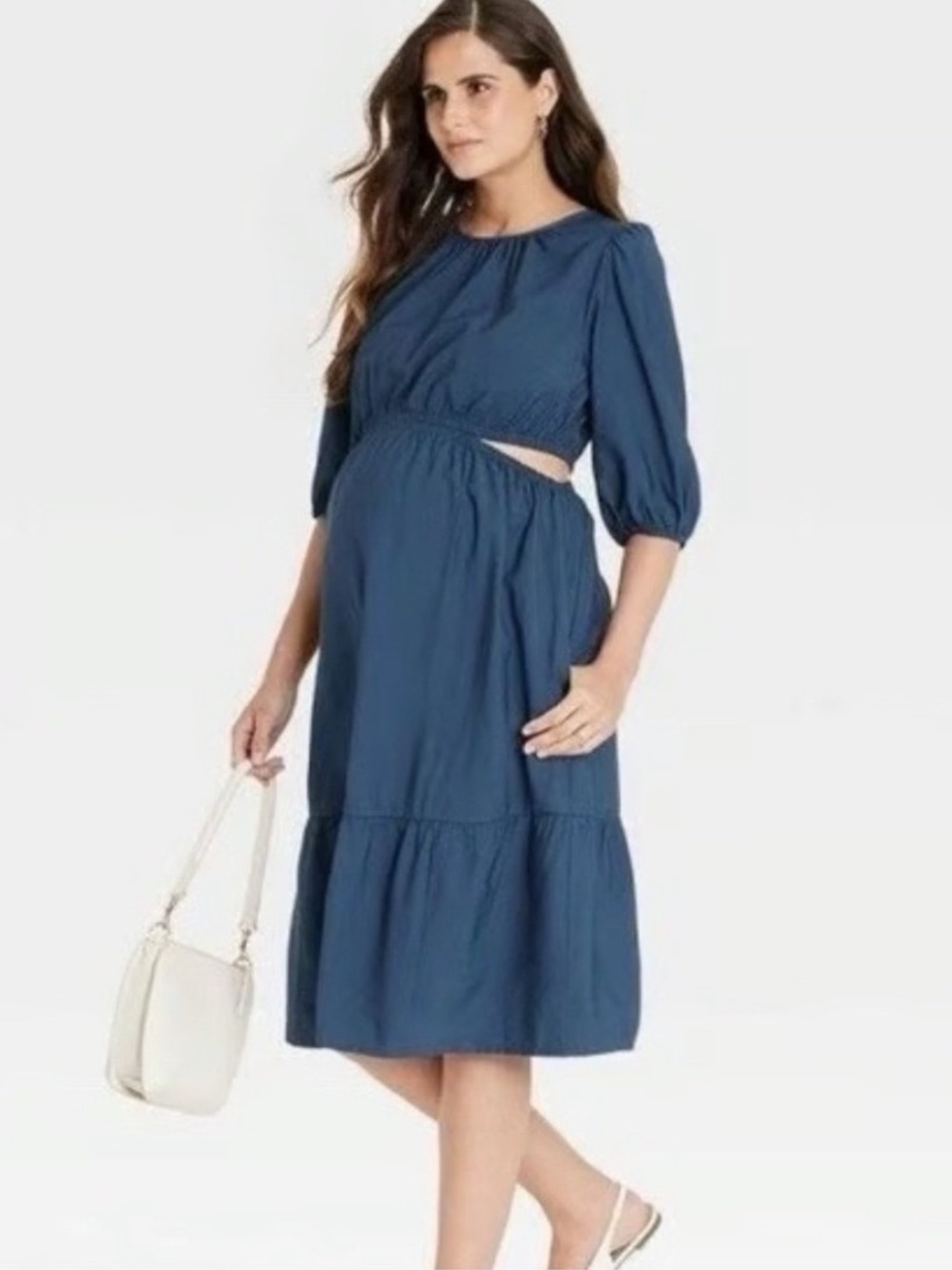 Ingrid &Isabel Maternity Cutout Waist Midi Dress Blue Short Sleeve Sz Small NWT